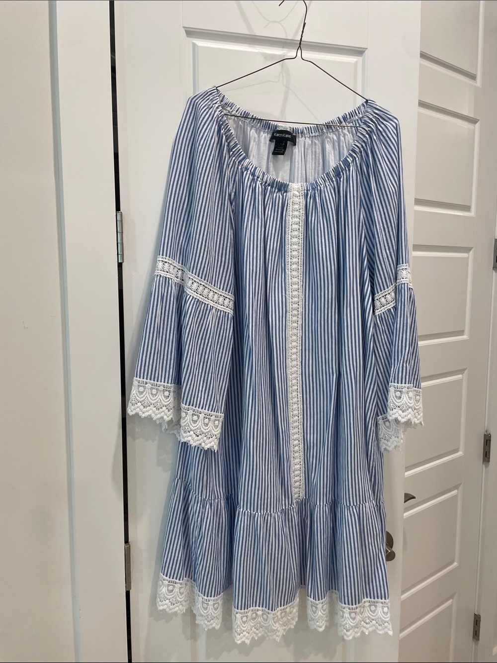 Karen Kane Blue & White Striped Peasant Top with Crochet Trim